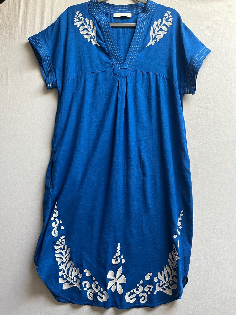 Oui Linen Blend V-Neck Embroidered Midi Tunic Dress Size 8